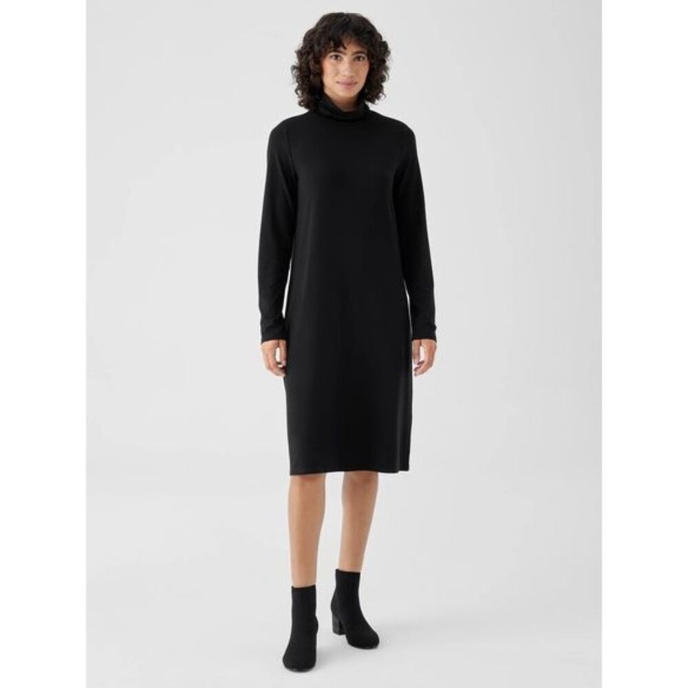 Eileen Fisher Stretch Jersey Knit Scrunch Neck Knee Dress Black Large NEW